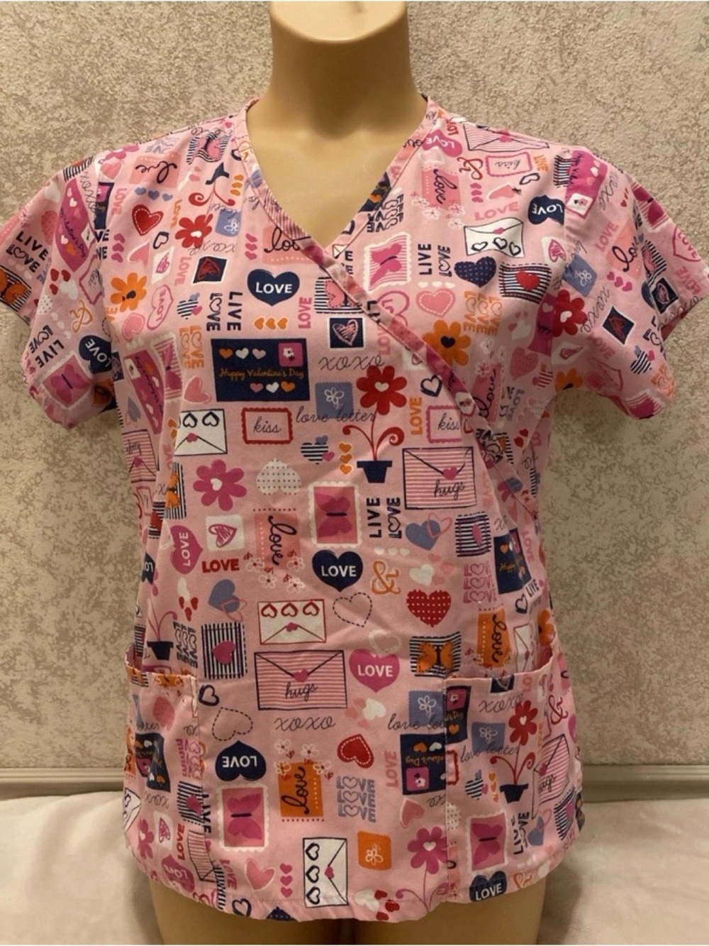 Pink Love-Print V-Neck Scrub Top